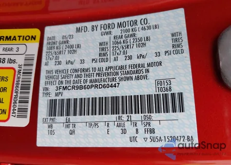 2023 Ford Bronco Sport Big Bend z USA, uszkodzony, nr VIN 3FMCR9B60PRD60447